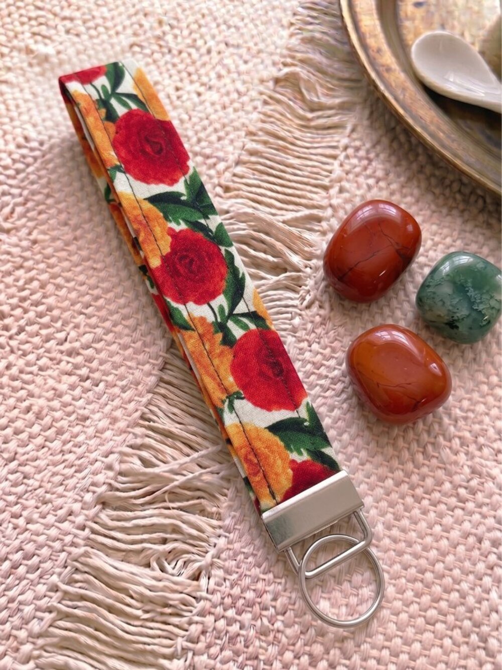 New Handmade Red Orange Rose Botanical Floral Fabric Key Fob Wristlet Keychain